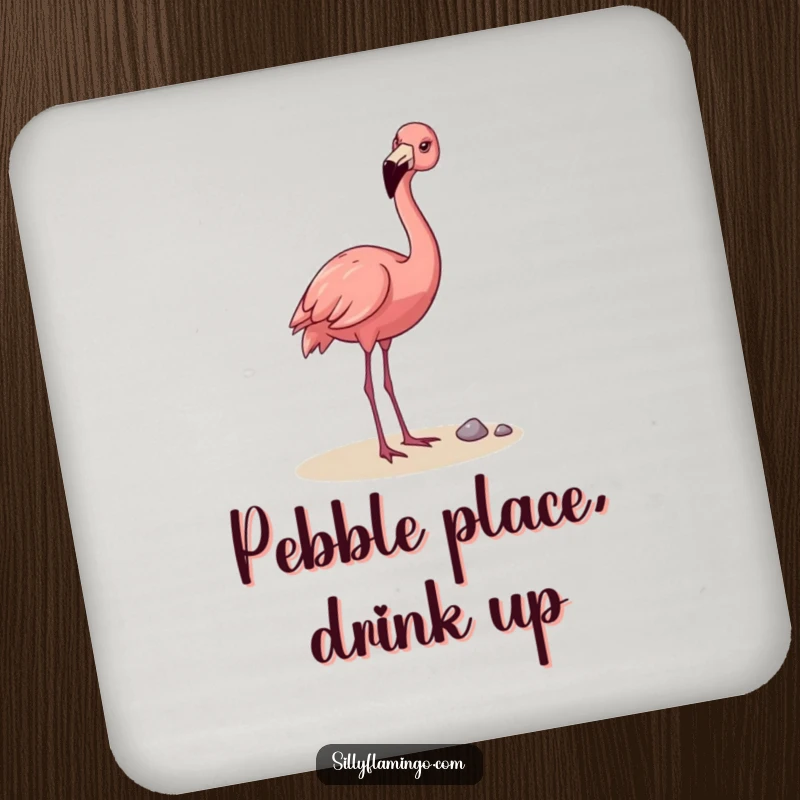 Funny Flamingo Coasters: A happy flamingo playfully tossing a pebble with its beak, adorning surfaces with humorous charm and protecting them.