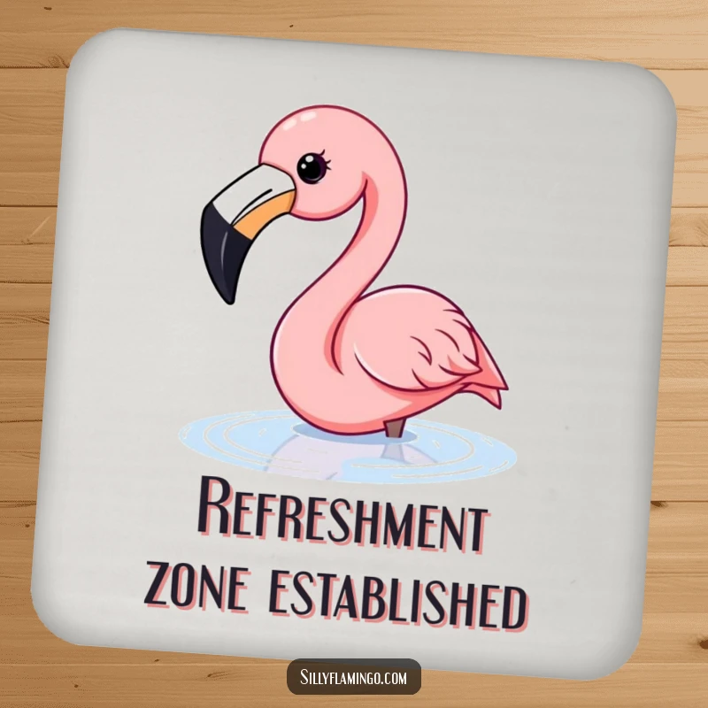 Funny flamingo drink coaster depicting a happy flamingo with a wide beak dipping its head into water.