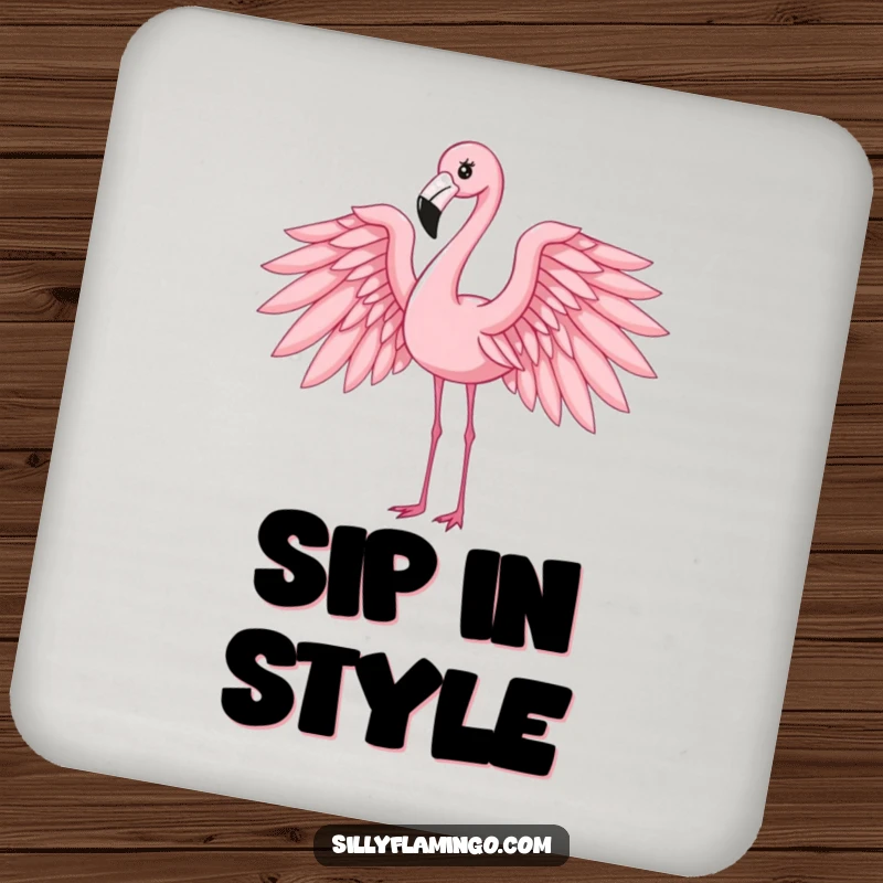 Funny flamingo coaster featuring an elegant bird with its wings gracefully spread, adding artistic flair to tabletops.