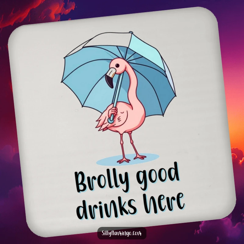 Funny kawaii flamingo coasters depicting a cute bird comically balancing an umbrella, adding charming art.