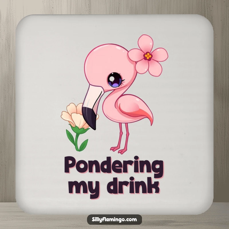 Funny Drink Coaster depicting a kawaii flamingo with bright eyes, curiously tilting its head at a flower.