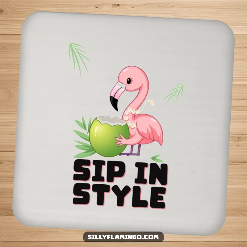 Funny drink coaster featuring a flamingo with pearls sipping from a coconut, offering chic and humorous surface protection.