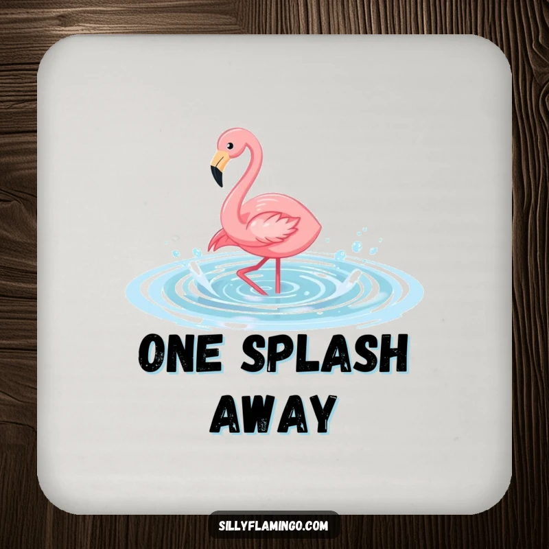 Funny flamingo drink coasters featuring a bird splashing in a pool, a humorous and practical item to protect surfaces.