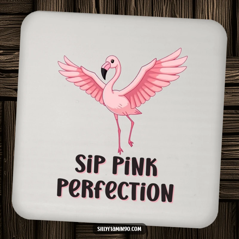Funny Flamingo Coasters: A proud flamingo with outstretched wings soaring gracefully through a pink sky, protecting surfaces with humor.