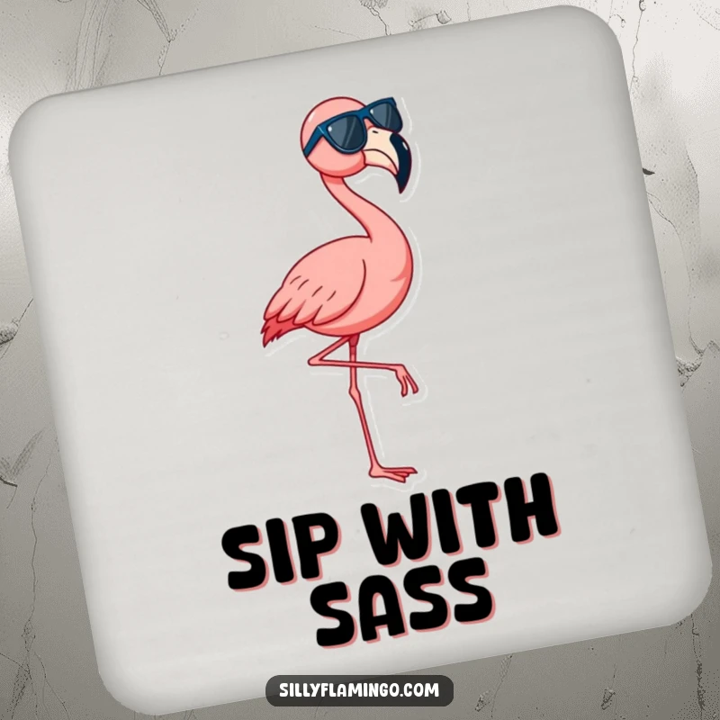 Funny flamingo coaster featuring a bird dancing on one leg, a humorous accent for tabletops during parties.