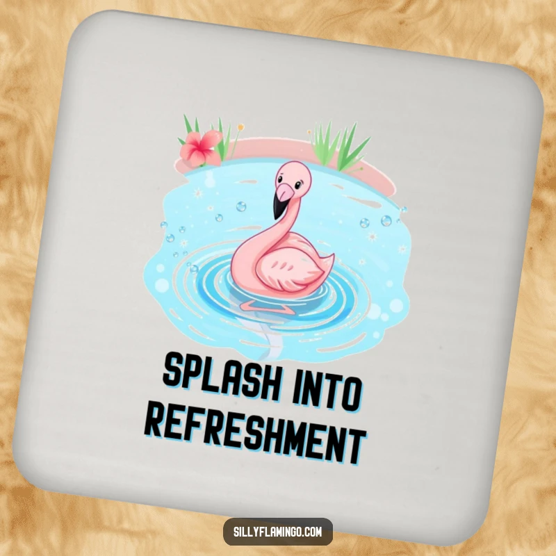 Funny flamingo coaster featuring a pink bird joyfully splashing in a sparkling blue pond, adding tropical humor.