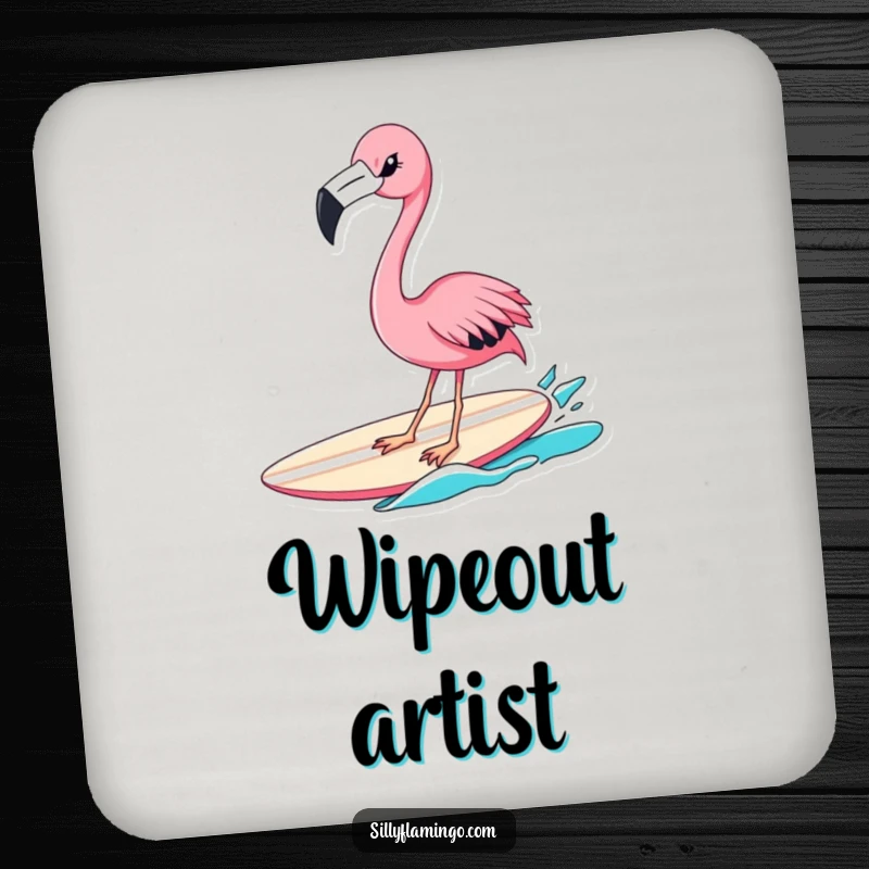 Funny flamingo surfer coaster featuring a winking pink bird riding a surfboard, protecting surfaces with a touch of humorous beach style.