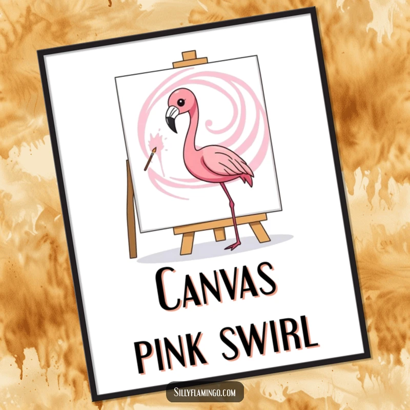 Funny poster art of a flamingo artistically painting a pink swirl on a canvas, perfect for art-themed decor.