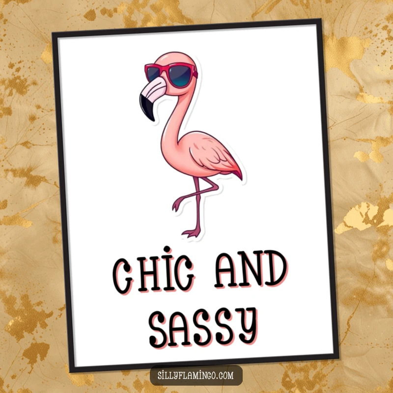 Funny pink flamingo poster, wearing tiny sunglasses and striking a chic pose, radiating cool confidence, stylish wall art.