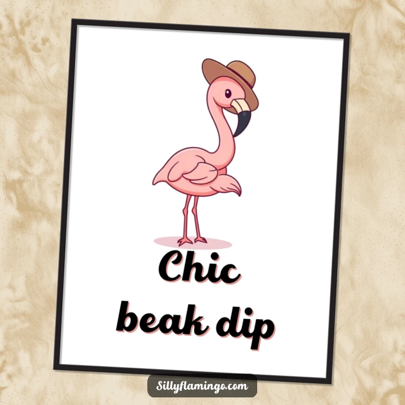 Funny flamingo poster of a bird in a tiny hat dipping its beak, adding whimsical humor to decor.