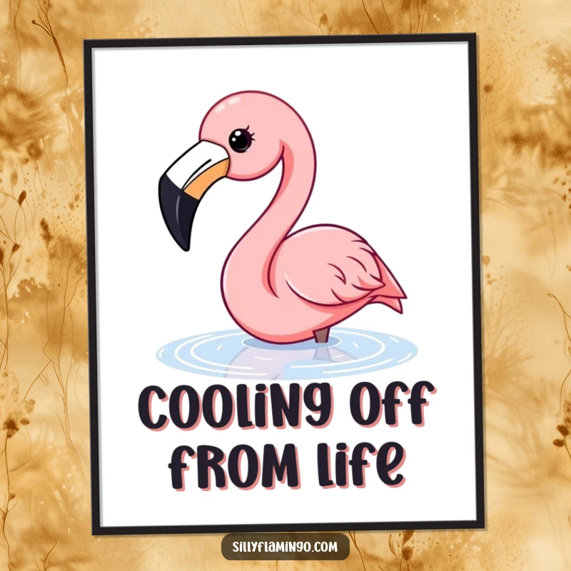 Funny flamingo poster depicting a happy flamingo with a wide beak dipping its head into water with delight.