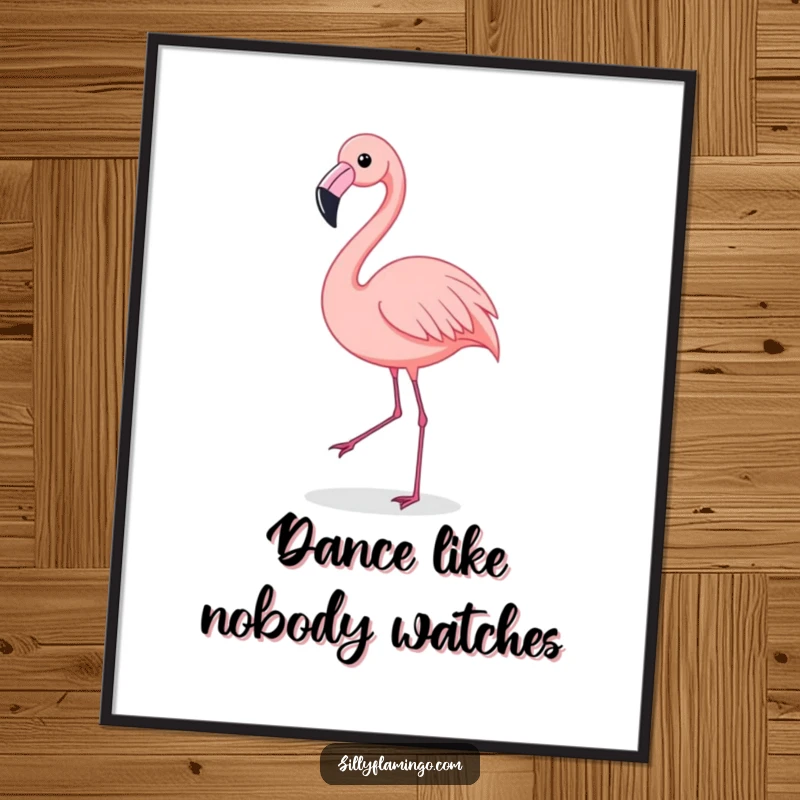 Funny Flamingo Poster: A flamingo is captured in the midst of a happy, energetic shimmy dance. Ideal wall art for a joyful atmosphere.