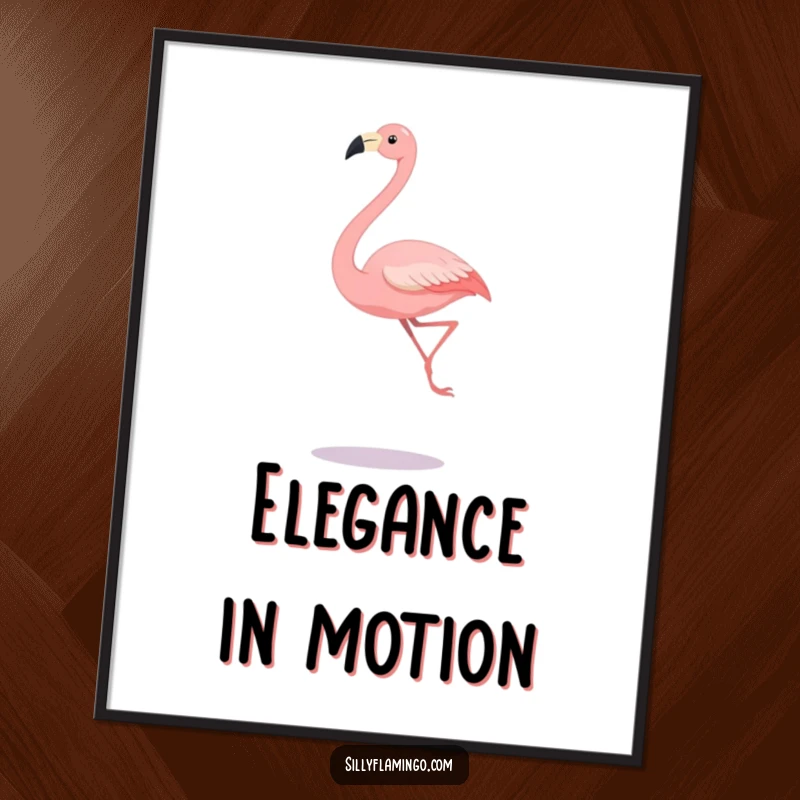 Funny art poster showcasing a flamingo with extremely long legs gracefully leaping, adding a whimsical touch to decor.