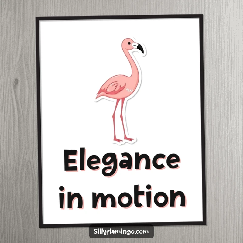 Funny flamingo poster showing a bird's graceful upward neck stretch, a humorous piece of wall art for a cheerful atmosphere.