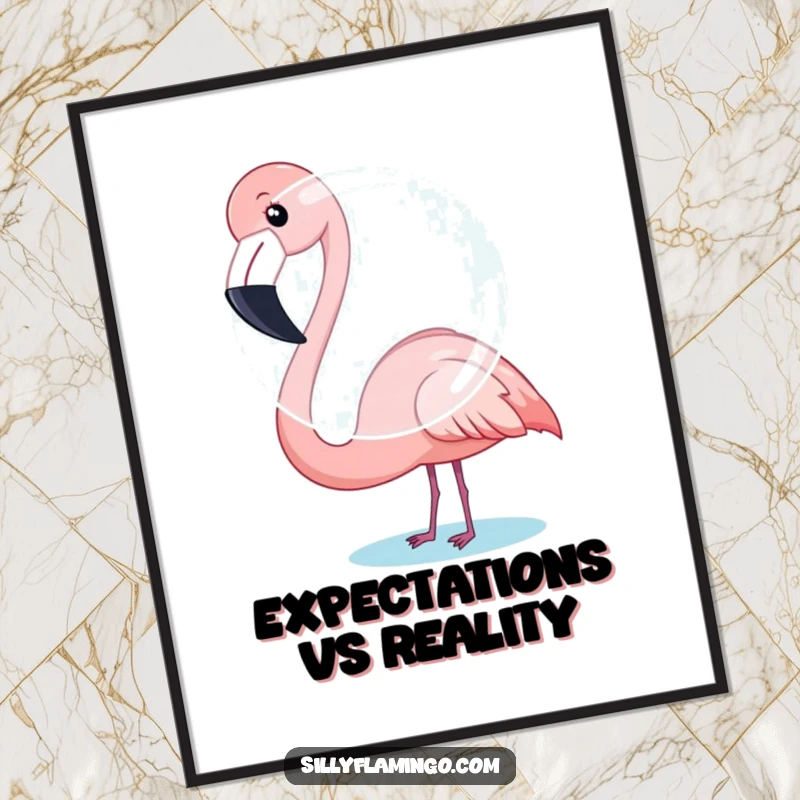 Funny Flamingo Poster: Artwork depicts a flamingo humorously attempting to blow an oversized bubble.