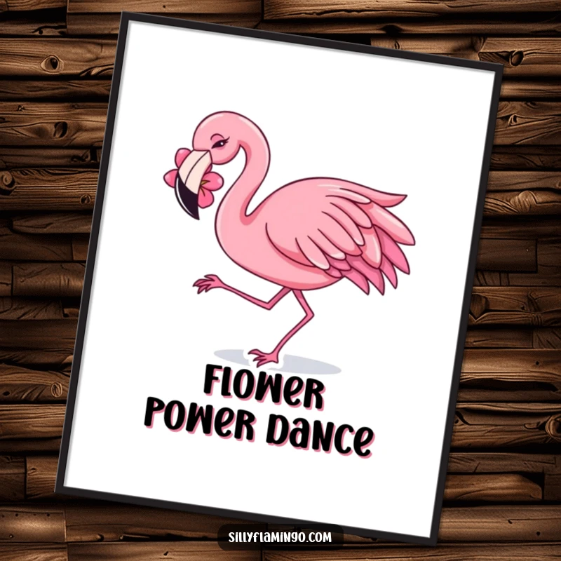 Funny Poster of a flamingo with a flower behind its ear, enthusiastically dancing with a joyful shimmy.