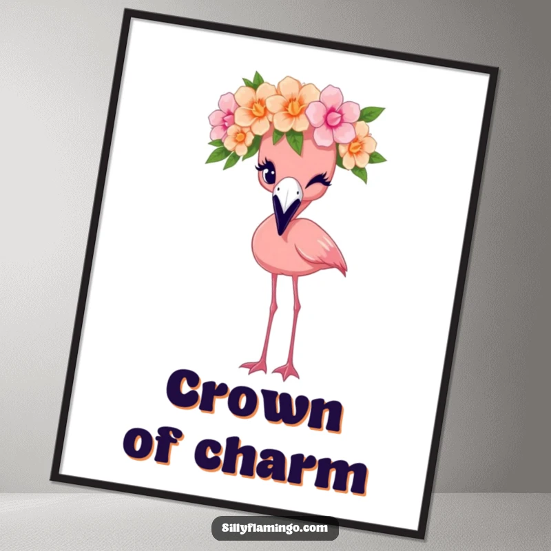 Funny flamingo poster art of a bird wearing a flower crown and giving a knowing wink, full of delightful character.