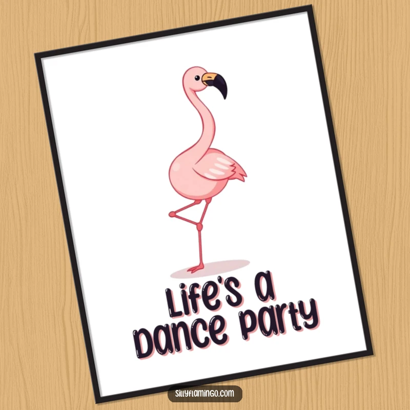 Funny flamingo poster featuring a joyful squawking flamingo kicking its legs with abandon in a hilarious dance.