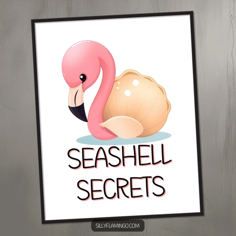 Funny Flamingo Poster: A curious flamingo pecks at a shimmering seashell, conveying a sense of playful curiosity. Ideal wall art for humor.