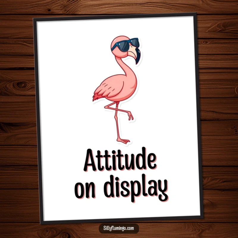 Funny flamingo poster depicting a vibrant bird in sunglasses dancing on one leg, adding a humorous touch.