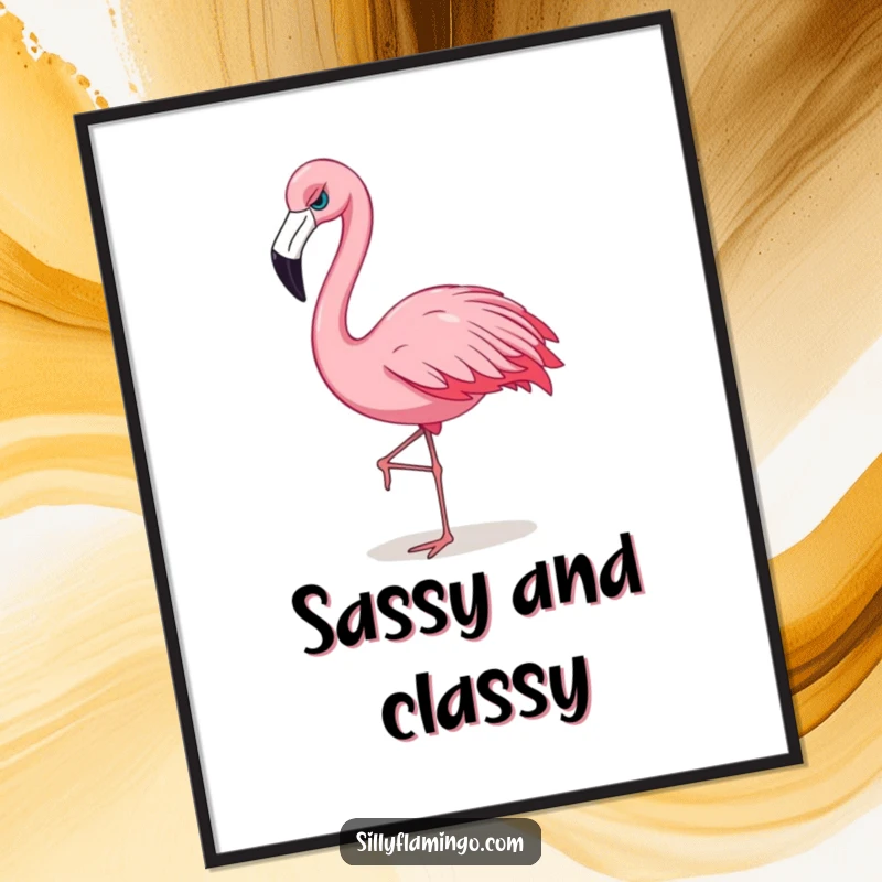 Funny flamingo poster art of a sassy bird strutting with an undeniable attitude, radiating self-assurance.