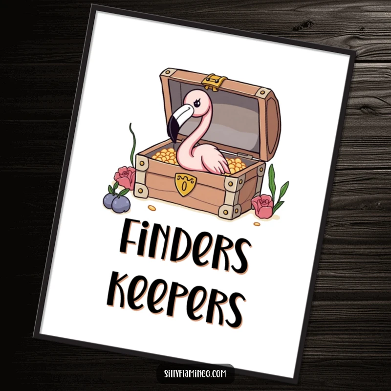 Funny Flamingo Treasure Poster featuring a curious flamingo with a long neck investigating a treasure chest, adding whimsical art.