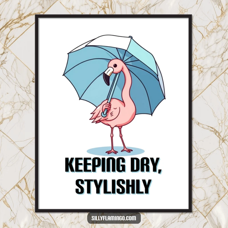 Funny kawaii flamingo poster showing a cute bird comically balancing an umbrella, adding adorable humor to decor.