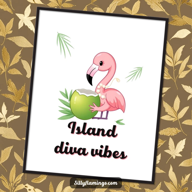 Funny poster artwork of a flamingo wearing a pearl necklace, sipping from a coconut, a blend of elegance and humor.