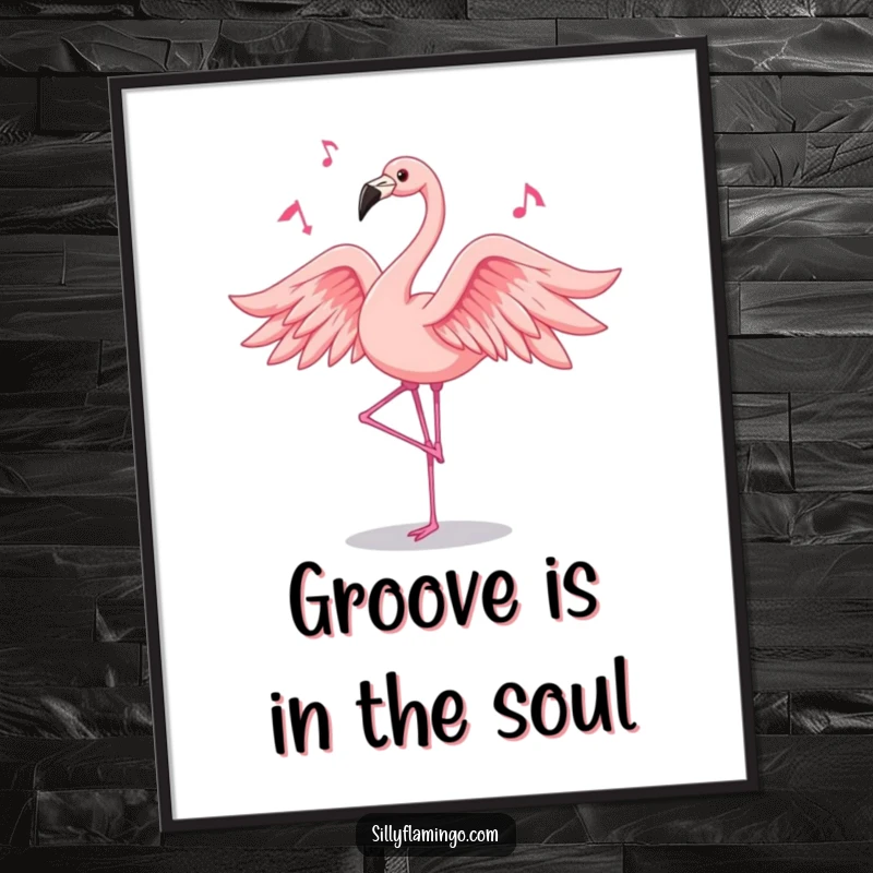 Funny flamingo poster showing a pink bird with flowing feathers dancing to unheard music, vibrant and humorous wall art.