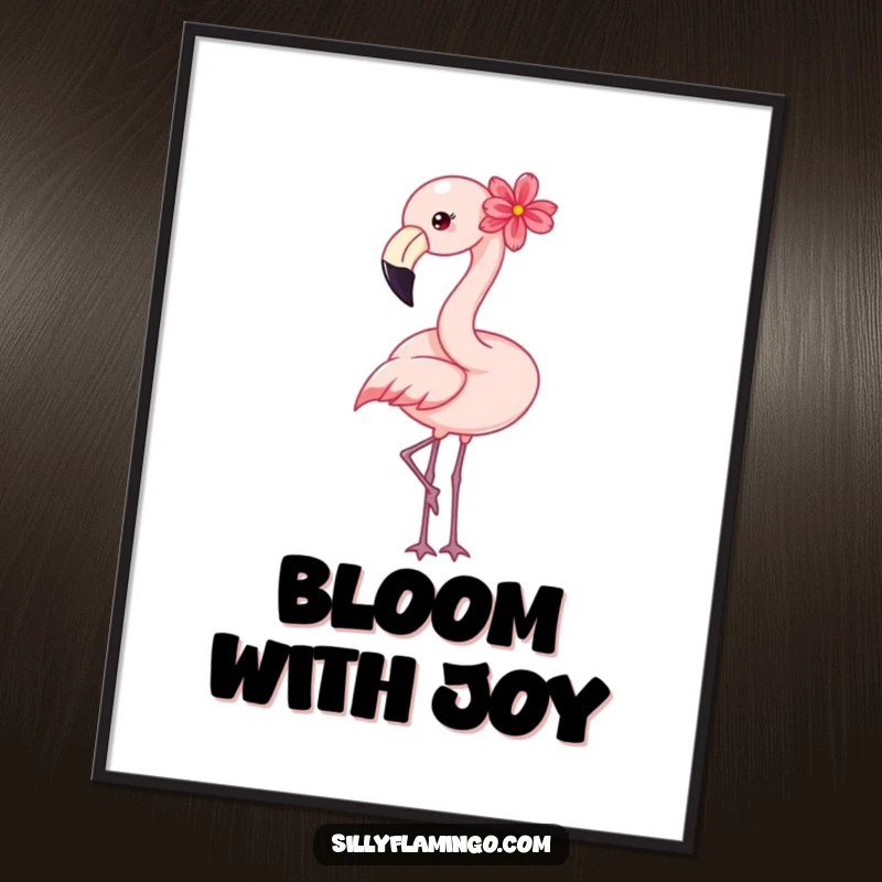 Funny flamingo poster of a happy bird with a flower, adding a touch of joy and humor to decor.