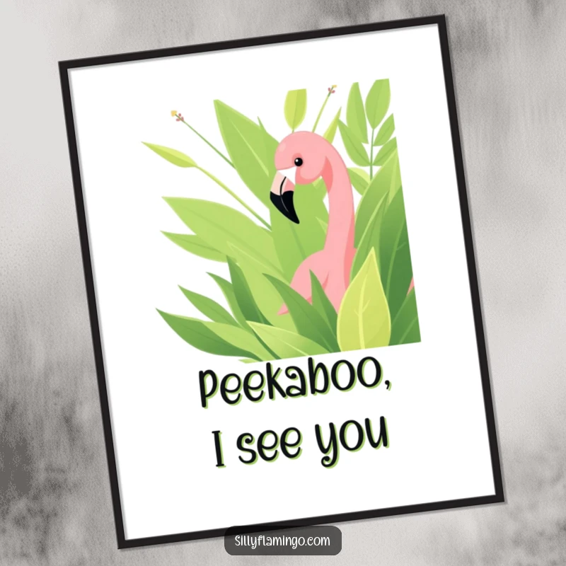 Funny poster art of a flamingo curiously peeking from behind lush green foliage, adding a humorous and artistic touch.