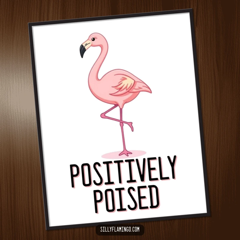 Funny kawaii flamingo in a graceful, single-leg stretch, creating charming and humorous wall art