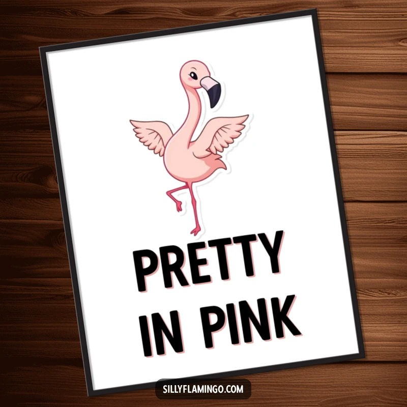 Funny poster of a kawaii flamingo character winking playfully while energetically flapping its wings, bringing tropical vibes.