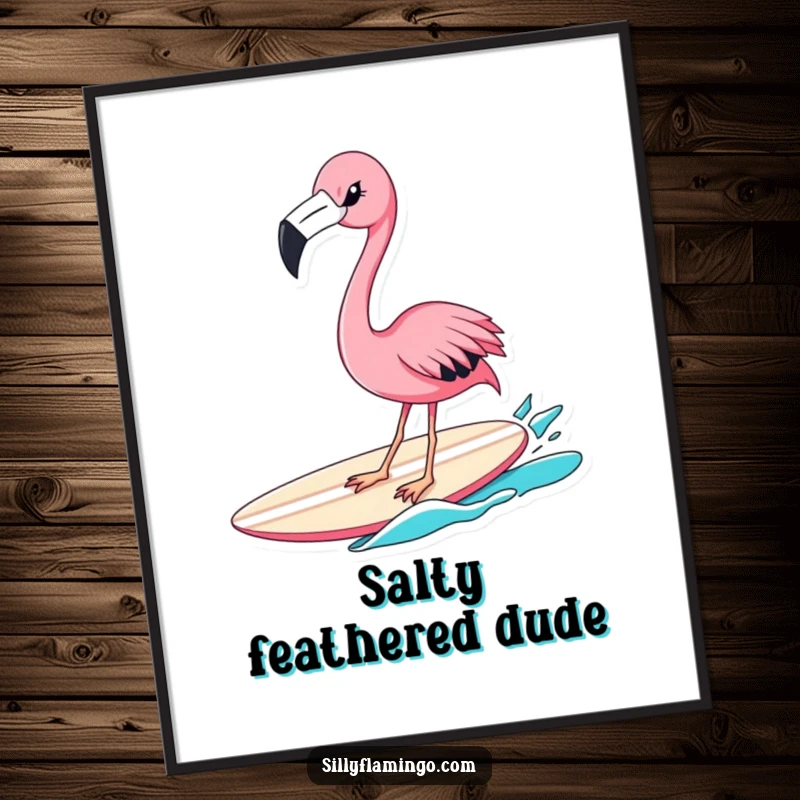 Funny flamingo surfer poster depicting a winking pink bird expertly riding a surfboard, bringing a humorous and vibrant beach vibe to any room.