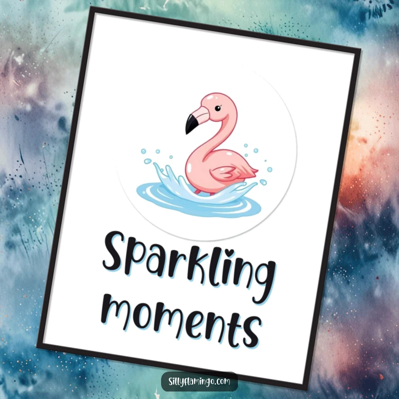 Funny Flamingo Splash Poster showing a flamingo joyfully splashing in sparkling water, adding a fun and humorous tropical vibe.