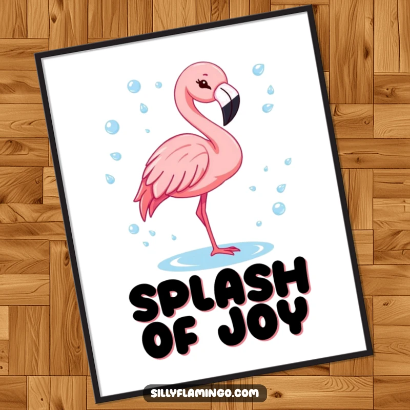 Funny flamingo with a cheerful wink, surrounded by sparkling water drops, displayed as a charming poster.