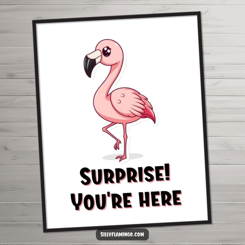 Funny Surprised Flamingo Poster: A flamingo with wide eyes and a shocked expression rapidly bobbing its head, creating humorous wall art.