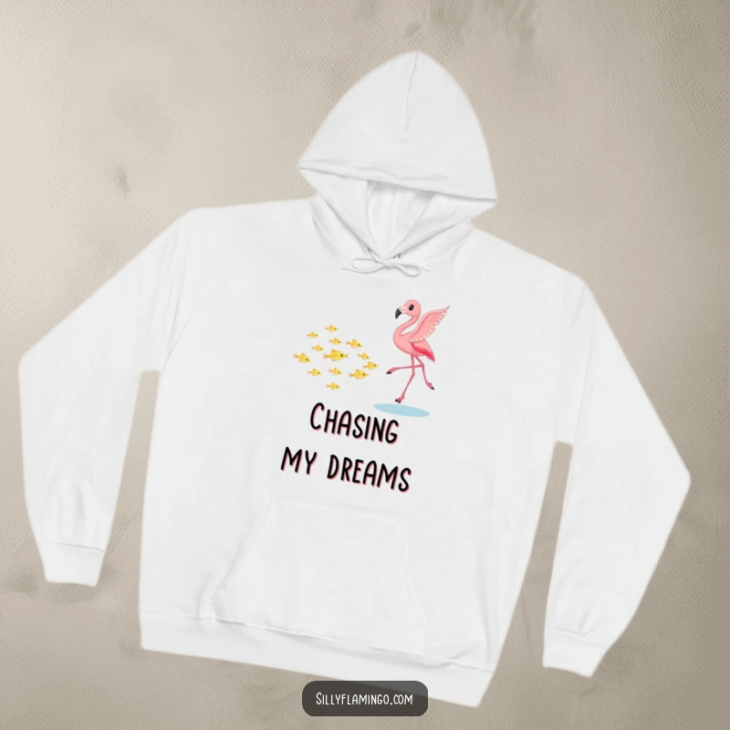 Funny flamingo hoodie, playfully chasing a school of tiny shimmering fish, a warm and humorous depiction of aquatic fun, a great gift.