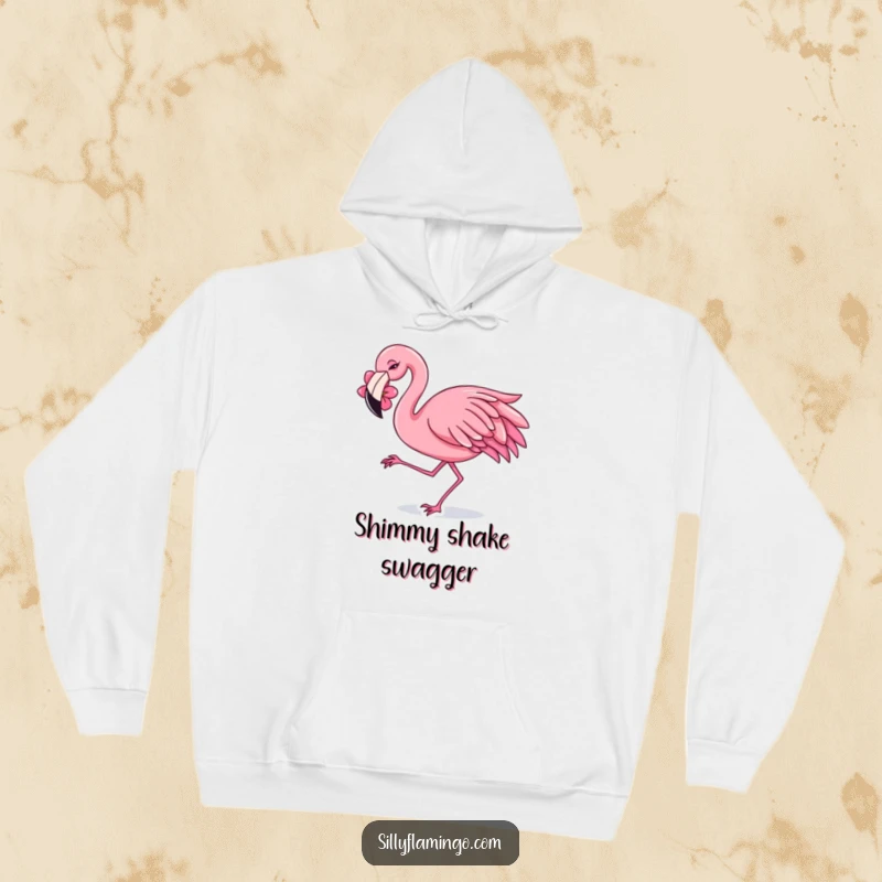 Funny Hoodie featuring a flamingo with a flower behind its ear, dancing with a vibrant and happy shimmy.