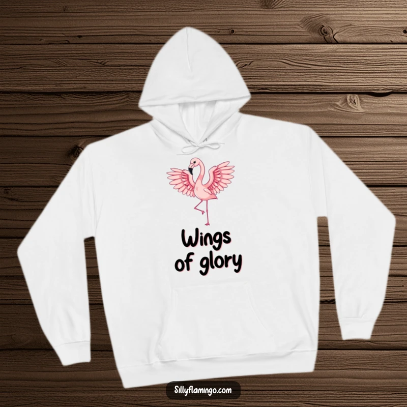 Funny flamingo showing elegant wings in mid-flight, creating a cozy and humorous hoodie design