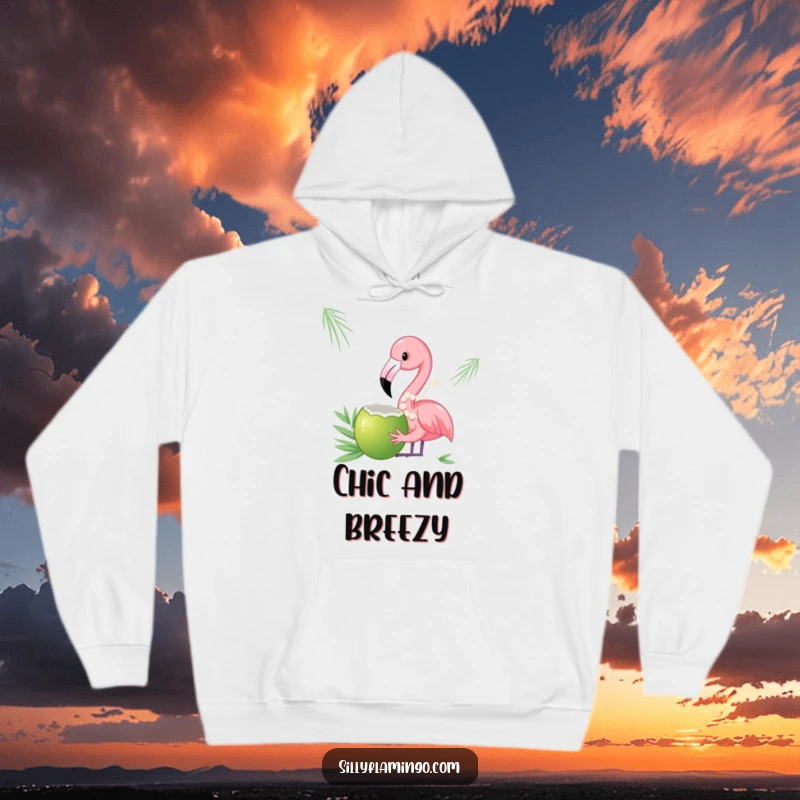 Funny hoodie showcasing a flamingo in pearls, elegantly sipping from a coconut, blending comfort with chic amusement.
