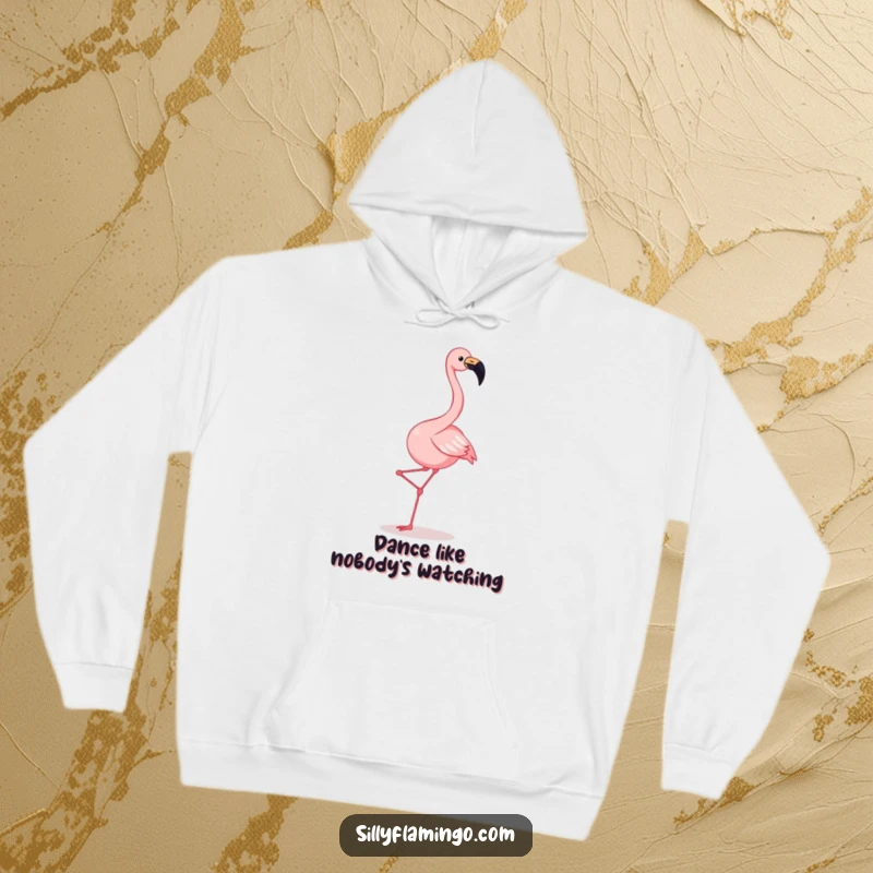 Funny flamingo hoodie showing a joyful squawking flamingo kicking its legs high in a funny, energetic dance.