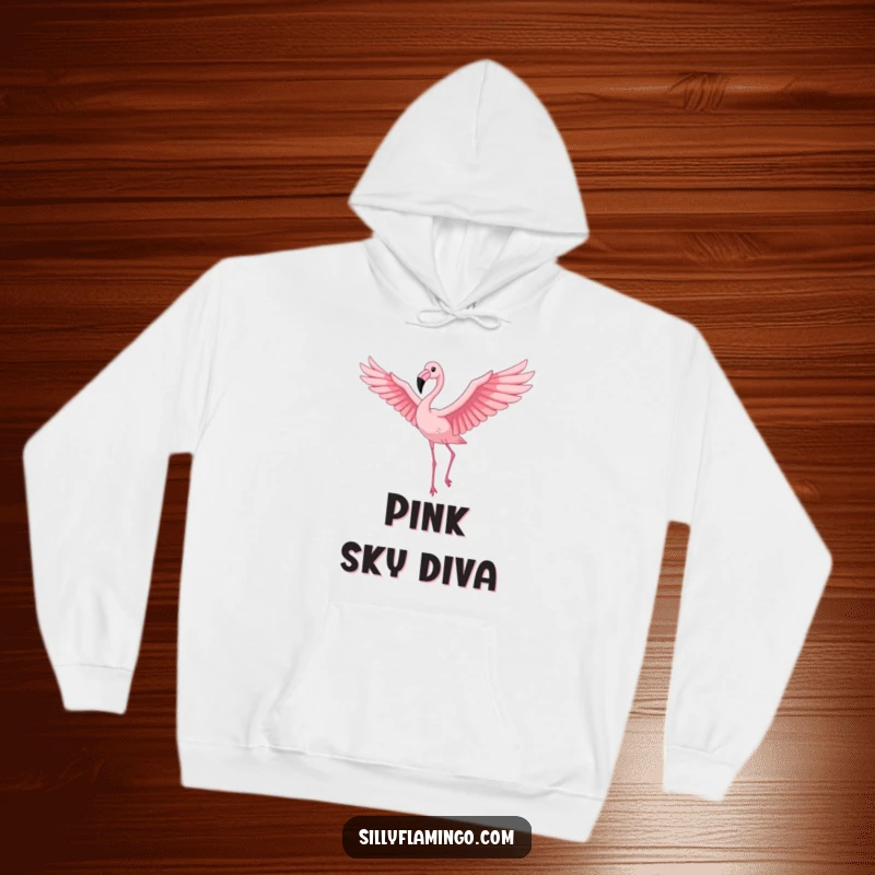 Funny Flamingo Hoodie: A proud flamingo with outstretched wings soaring gracefully across a beautiful pink sky, offering warmth and humor.