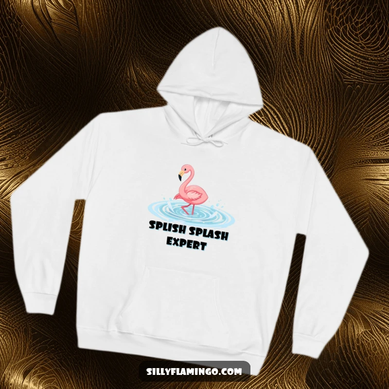 Funny flamingo hoodie featuring a bird joyfully splashing in water, perfect for cozy days, showcasing a hilarious and warm design.