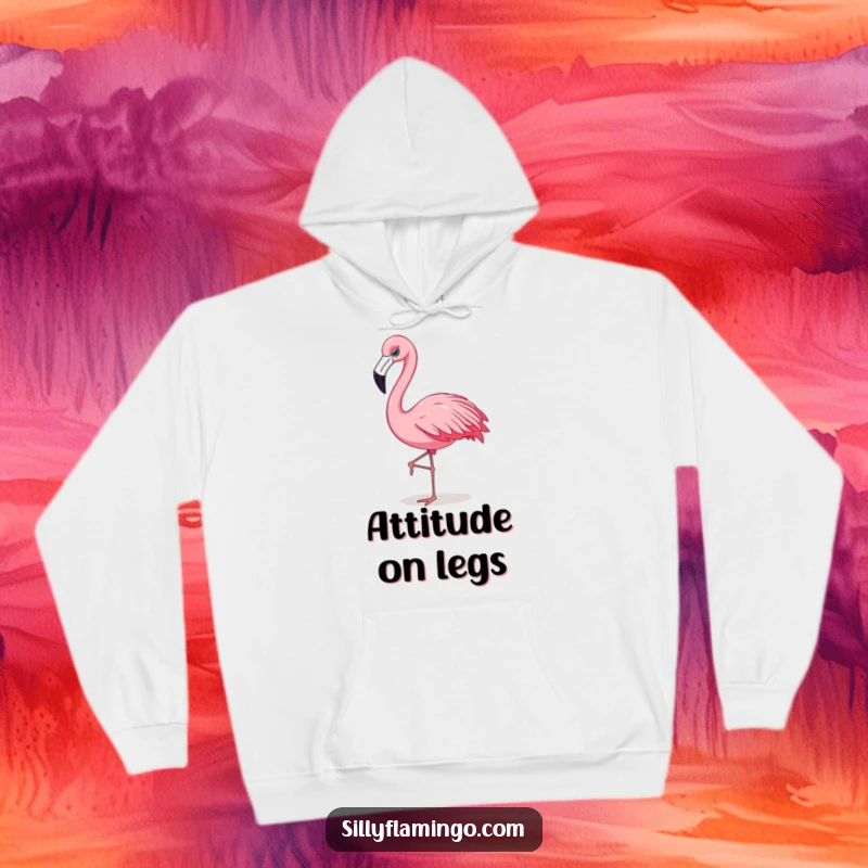 Funny flamingo hoodie featuring a sassy bird with a confident strut, offering warmth and a dash of attitude.