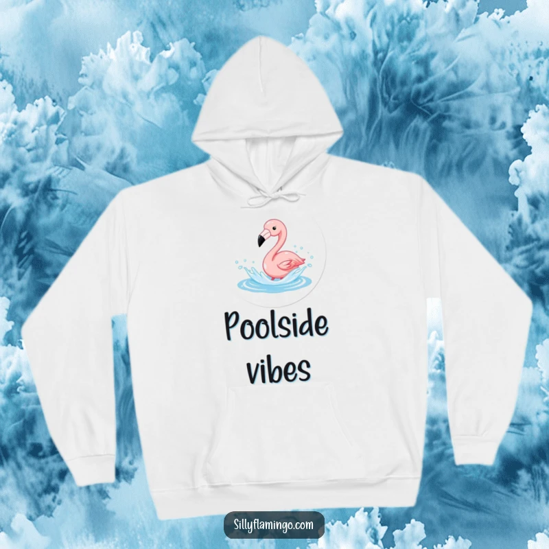 Funny Flamingo Splash Hoodie showcasing a flamingo happily splashing in sparkling water, perfect for staying warm and joyful.