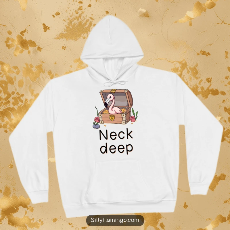 Funny Flamingo Treasure Hoodie featuring a curious flamingo peeking into a treasure chest, perfect for staying warm on explorations.