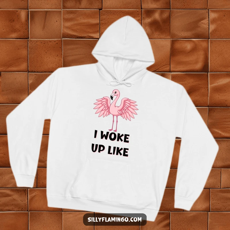 Funny flamingo hoodie adorned with an elegant bird showing off its magnificent outstretched wings, offering comfort and style.