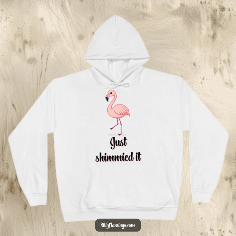 Funny Flamingo Hoodie: A flamingo energetically performs a happy shimmy dance, perfect for cozying up or hitting the dance floor. Humorous apparel.