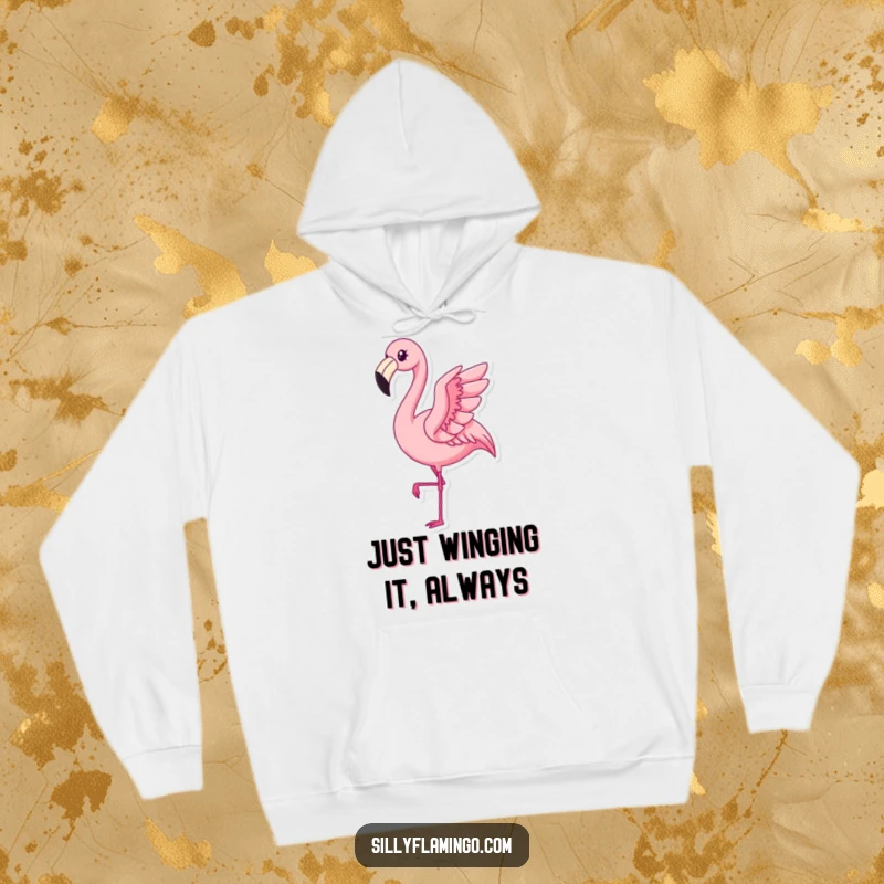 Funny Kawaii Flamingo Hoodie depicting a smug, pleased bird executing a subtle, graceful wing flap, radiating comical satisfaction.